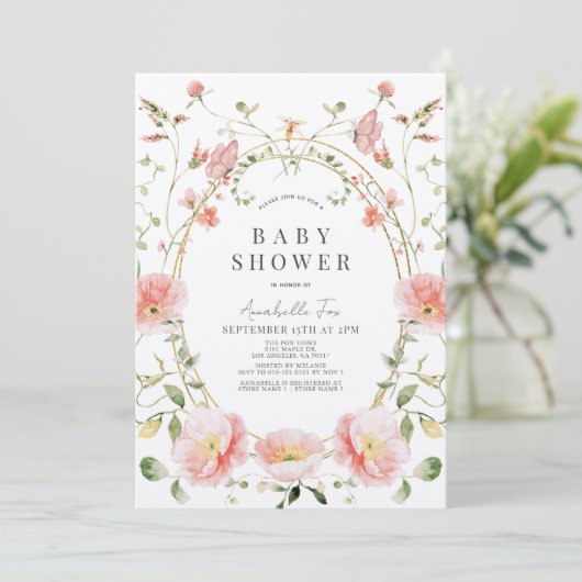 ピンクのポピーのワイルドフラワーバタフライベビーシャワー 招待状 (スタンド正面)