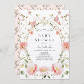 ピンクのポピーのワイルドフラワーバタフライベビーシャワー 招待状 (正面/裏面)