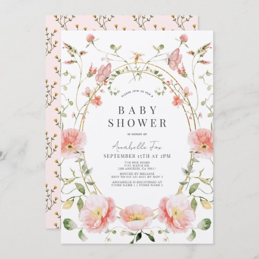 ピンクのポピーのワイルドフラワーバタフライベビーシャワー 招待状 (正面/裏面)