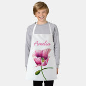 ピンクのポピーの水彩フラワーアート エプロン (着用した状態)