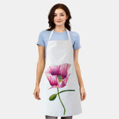 ピンクのポピーの水彩フラワーアート エプロン (着用した状態)