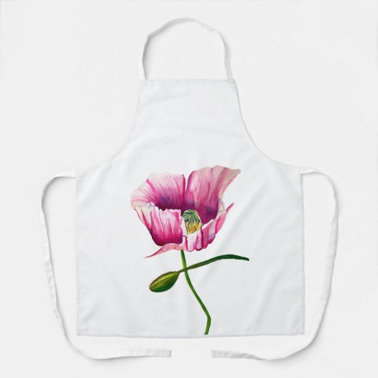 ピンクのポピーの水彩フラワーアート エプロン (正面)