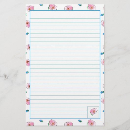 ピンクのポピーの水彩花が並ぶ 便箋 (正面)