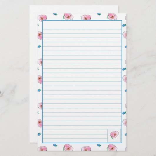 ピンクのポピーの水彩花が並ぶ 便箋 (正面/裏面)