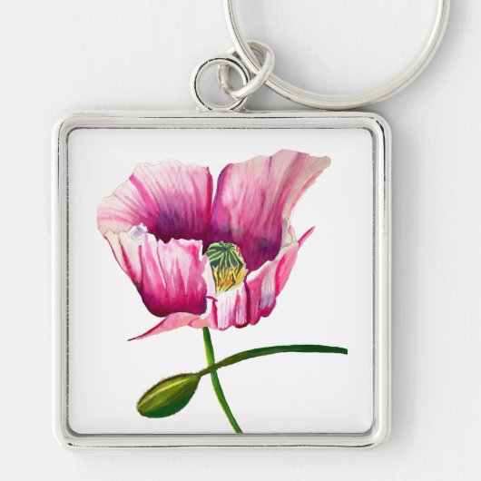 ピンクのポピーの水彩花のアーかわいらしト キーホルダー (正面)