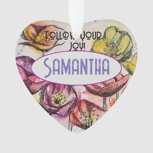 ピンクのポピーの水色の子供名装飾 オーナメント (正面)