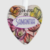 ピンクのポピーの水色の子供名装飾 オーナメント (正面)