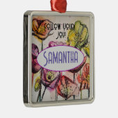 ピンクのポピーの水色の子供名装飾 メタルオーナメント (右)