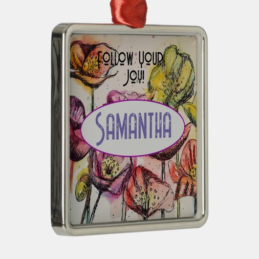 ピンクのポピーの水色の子供名装飾 メタルオーナメント (右)