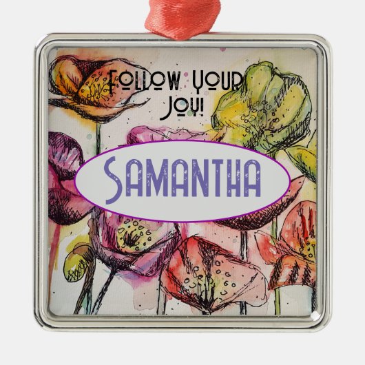 ピンクのポピーの水色の子供名装飾 メタルオーナメント (正面)