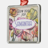 ピンクのポピーの水色の子供名装飾 メタルオーナメント (左)