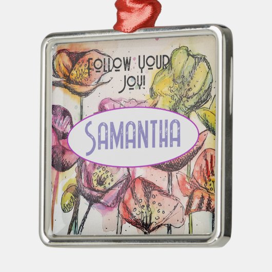 ピンクのポピーの水色の子供名装飾 メタルオーナメント (左)