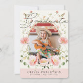 ピンクのポピーの水色フローラガール写真卒業 招待状 (正面)