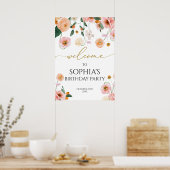 ピンクのポピーの花の誕生日パーティーへようこそ ポスター (キッチン)