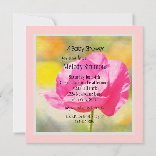 ピンクのポピーの花の赤ちゃんシャワー 招待状 (裏面)