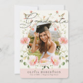 ピンクのポピー水色フローラ写真卒業 招待状 (正面)