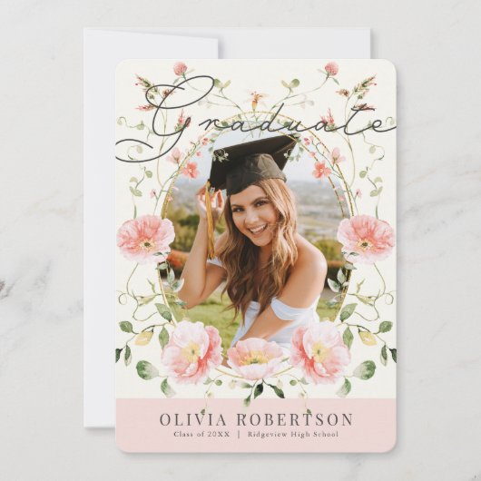 ピンクのポピー水色フローラ写真卒業 招待状 (正面)