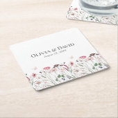 ピンクのポピー結婚の草地 スクエアペーパーコースター (アングル)