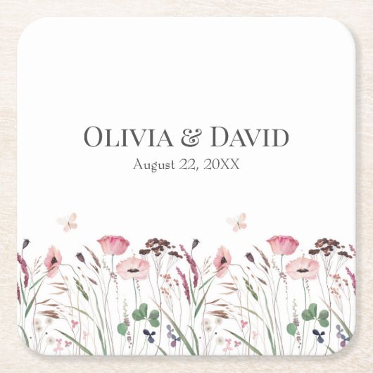 ピンクのポピー結婚の草地 スクエアペーパーコースター (正面)