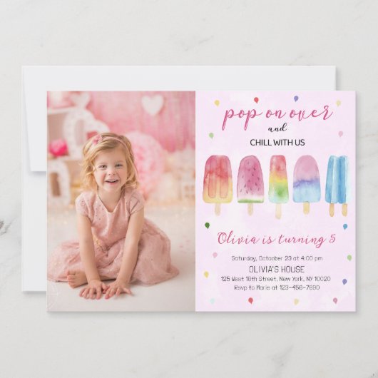 ピンクのポプシクルのアイスポップ・アートのクリームオンオーバー誕生日写真 招待状 (正面)