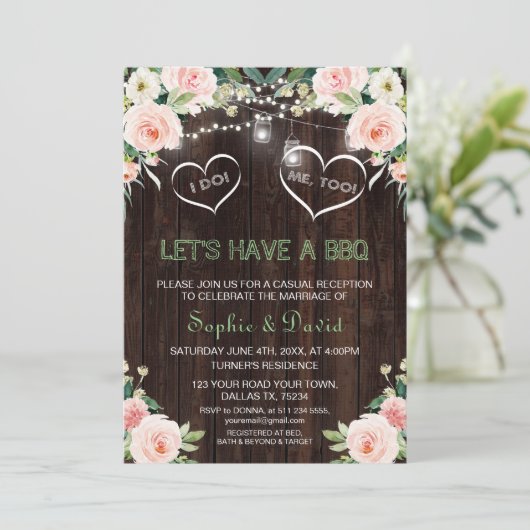 ピンクのポワトリー フラワーライト オールドウッド アイ・ドゥ・バーベキュー 招待状 (スタンド正面)