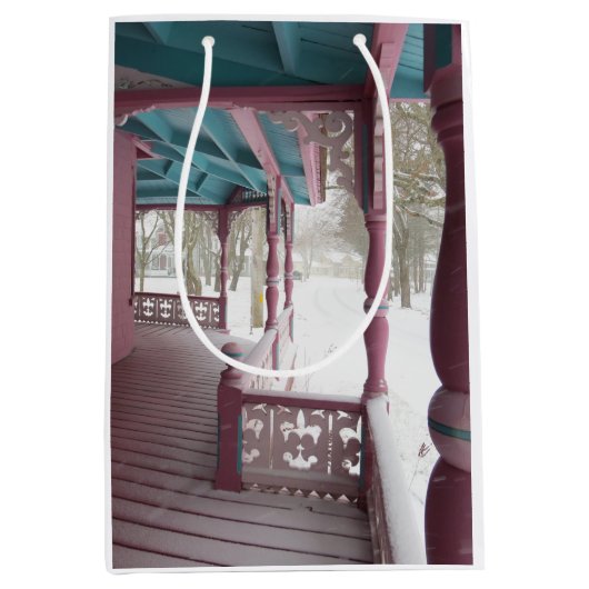 ピンクのポーチに冬の雪 – マーサのブドウ畑 ミディアムペーパーバッグ (正面)