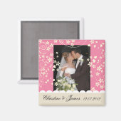 ピンクのマグネットにクリーム花模様、あなたの写真と マグネット (正面/裏面)