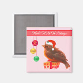 ピンクのマグネットに止まったクリスマスの小鳥 マグネット (正面/裏面)