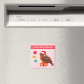 ピンクのマグネットに止まったクリスマスの小鳥 マグネット (インサイチュ (食洗機))