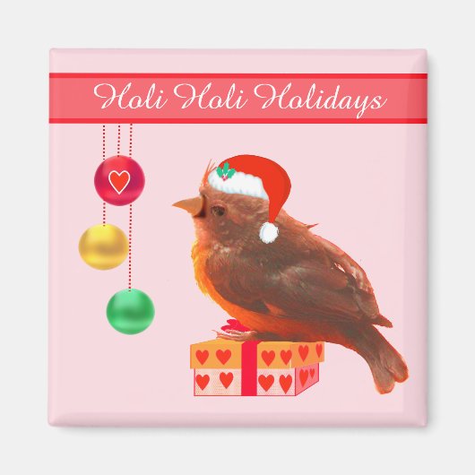 ピンクのマグネットに止まったクリスマスの小鳥 マグネット (正面)