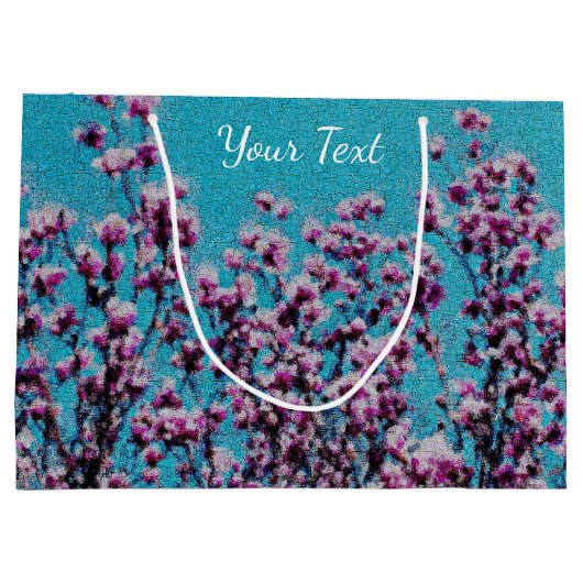 ピンクのマグノリアがブルースカイの写真絵画の花 ラージペーパーバッグ (裏面)