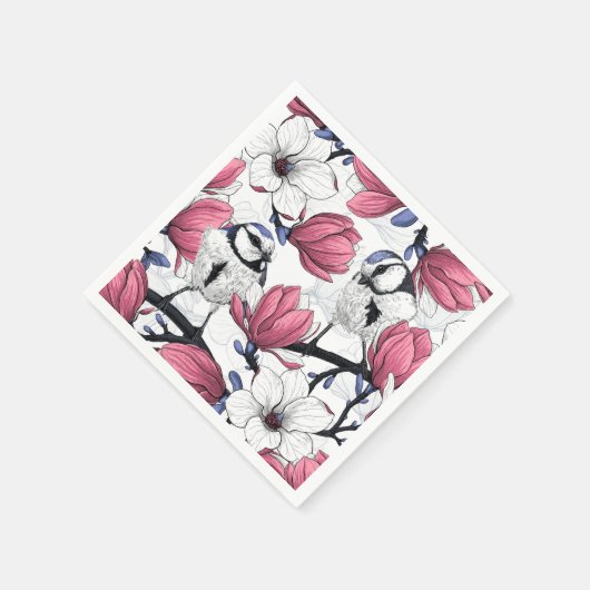 ピンクのマグノリアと青いティットバード スタンダードカクテルナプキン (角)