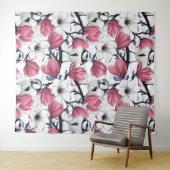 ピンクのマグノリアと青いティットバード タペストリー (インサイチュ(横))