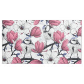 ピンクのマグノリアと青いティットバード 枕カバー (正面左)