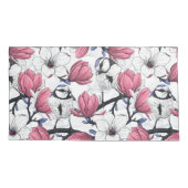 ピンクのマグノリアと青いティットバード 枕カバー (裏面-左)