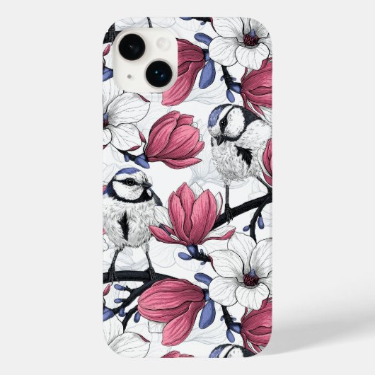 ピンクのマグノリアと青いティットバード Case-Mate iPhoneケース (裏面)