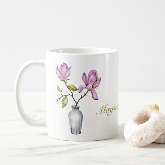 ピンクのマグノリアの水彩植物画 コーヒーマグカップ (ドーナツ)