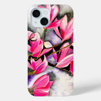 ピンクのマグノリアの水彩画 iPhone 15ケース