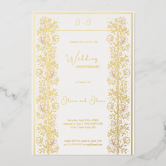 ピンクのマグノリアの結婚記念日 箔招待状 (正面)