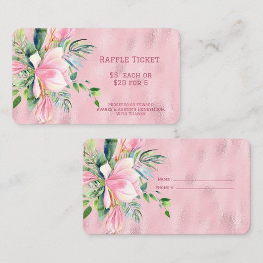 ピンクのマグノリアの花がピンクのホイルくじ エンクロージャーカード (正面/裏面)