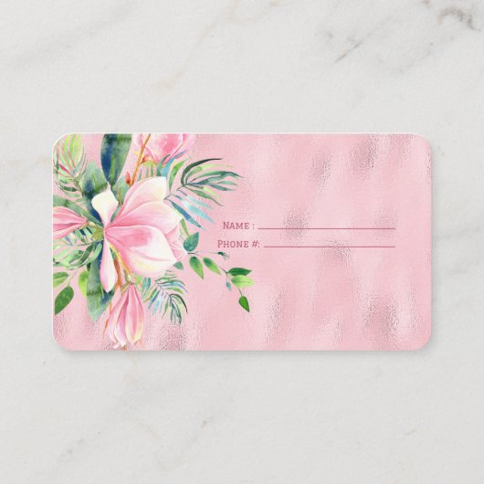 ピンクのマグノリアの花がプリントされたピンクのホイルくじ エンクロージャーカード (裏面)