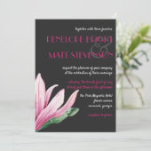 ピンクのマグノリアの花が咲く | グレー ウェディング 招待状 (スタンド正面)
