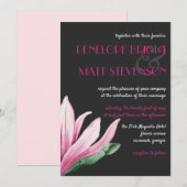 ピンクのマグノリアの花が咲く | グレー ウェディング 招待状 (正面/裏面)