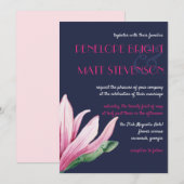 ピンクのマグノリアの花が咲く | 青い結婚式 招待状 (正面/裏面)