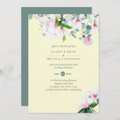 ピンクのマグノリアの花と黄色のウェディング招待状 (正面/裏面)