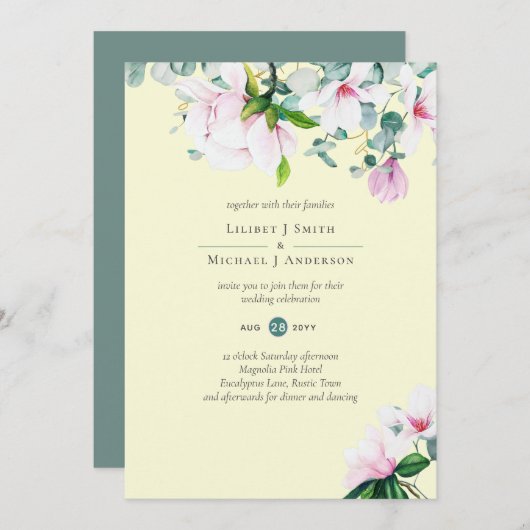ピンクのマグノリアの花と黄色のウェディング招待状 (正面/裏面)
