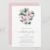 ピンクのマグノリアの花を添えた優雅なライフセレブレーション 招待状 (正面/裏面)