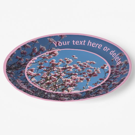 ピンクのマグノリアの花パーソナライズされたパーティー ペーパープレート (アングル)