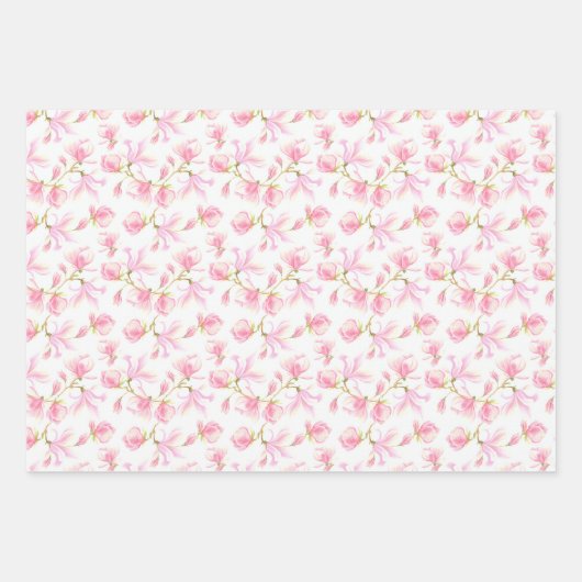 ピンクのマグノリアの花 春のブライダルシャワー ラッピングペーパーシート (正面2)
