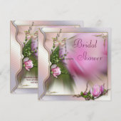 ピンクのマグノリアの蝶輝きのブライダルシャワー 招待状 (正面/裏面)